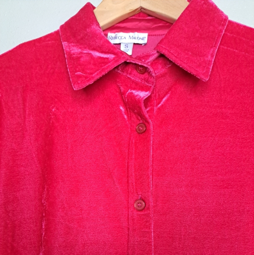 Rebecca Malone Fuchsia Pink Velvet Collared Button-up Tunic Blouse Long Slv S - Picture 5 of 11